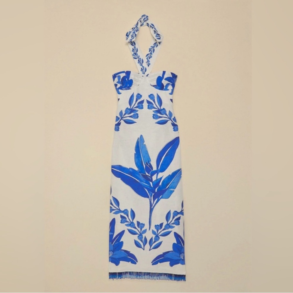 FARM Rio White Maxi Dress w/Bold Blue Floral Print Medium Like NEW! 100% Linen. - Picture 7 of 15